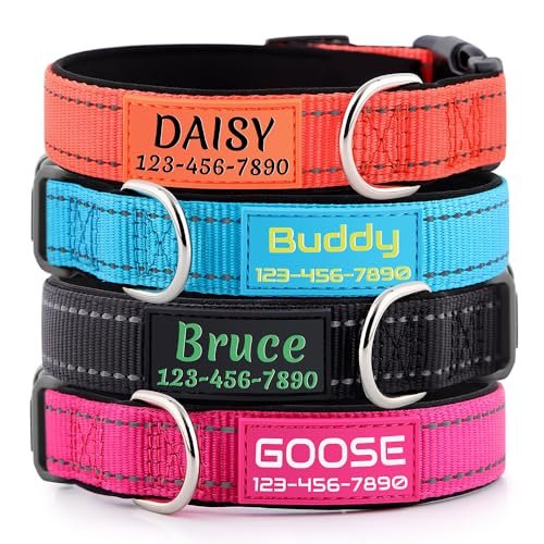 Personalized Dog Collars Custom with Pet Name and Phone Number, Soft Neoprene Padded Reflective Nylon Collar, 4 Adjustable Sizes
