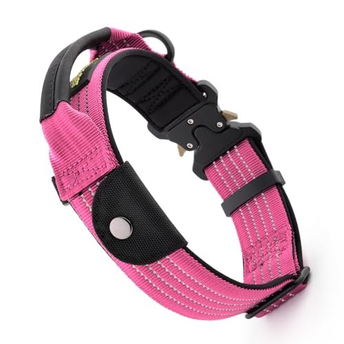 Plutus Pet Tactical Dog Collar with Tracker Pocket for AirTag, Adjustable Reflective Nylon Collar, Metal Buckle, Leather